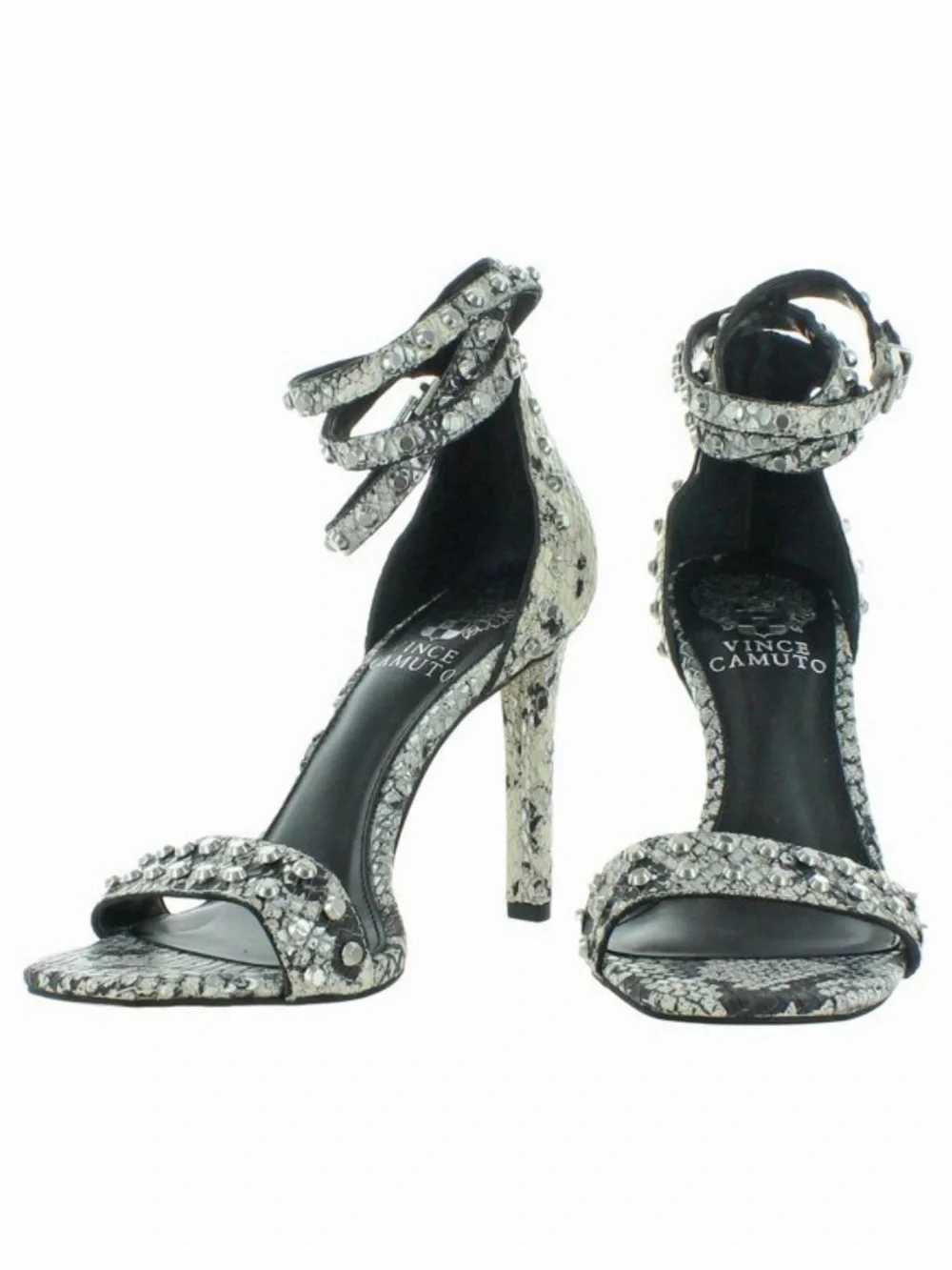 Vince Camuto Crystal-Embellished Silver Snake-Print Ankle-Strap Heel